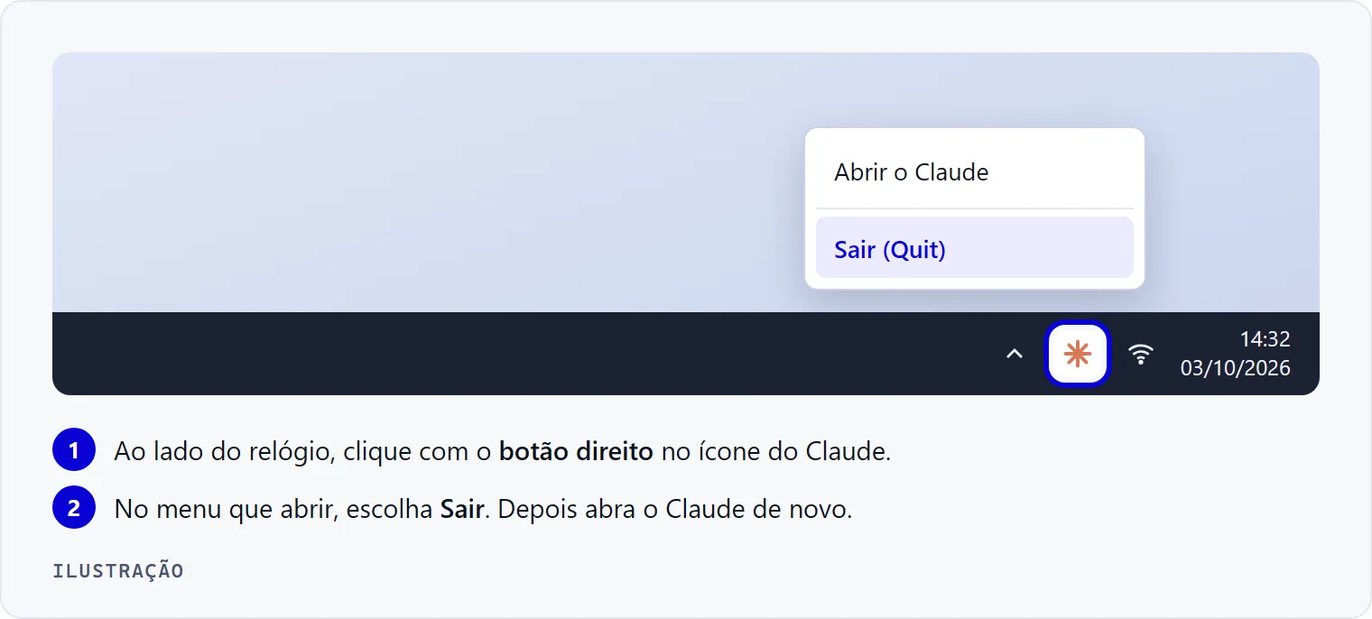 Ilustração da barra de tarefas do Windows: o ícone do Claude ao lado do relógio e o menu do botão direito com a opção Sair